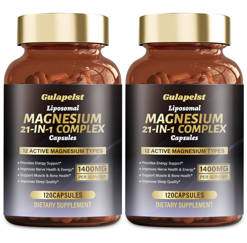 2 Packs Liposomal 1400mg Magnesium Complex (Citrate, Glycinate, Malate etc) Capsule - 12 Active Types Magnesium with Vitamin D3, B6, B12, C, Ashwagandha & CoQ10 for Women & Men -Support Bone & Muscle 120 Count (Pack of 2)