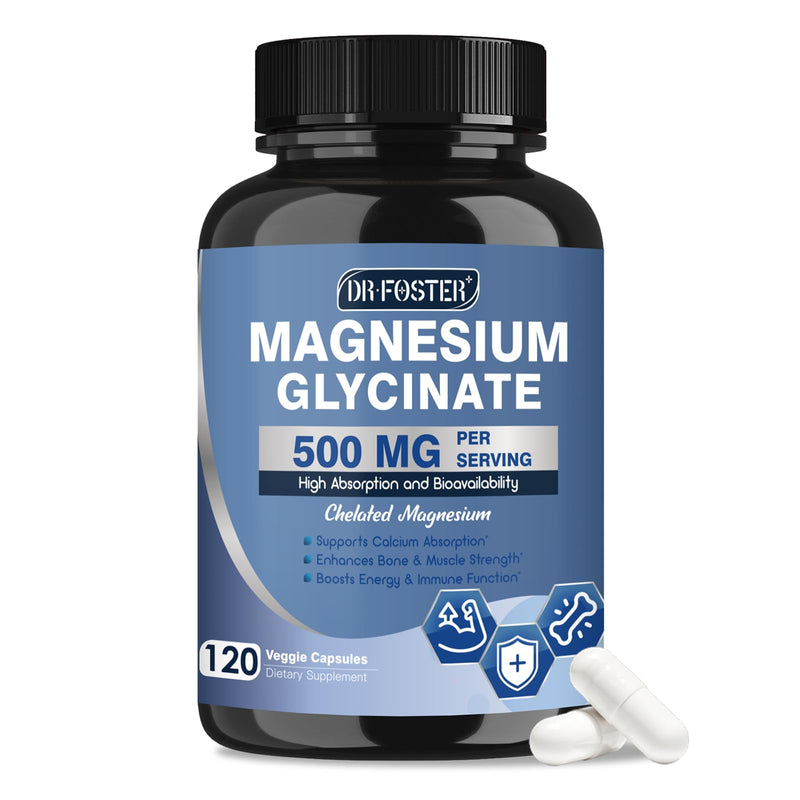 DRFOSTER Chelated Magnesium Glycinate 500mg with Zinc, 120 Veggie Capsules | High Absorption Supplements with Vitamin D3 for Sleep, Muscle & Bone Support, Leg Cramps Relief, Non-GMO 120 Count (Pack of 1)
