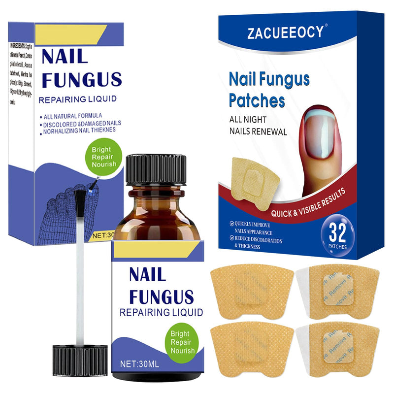 Toenail Fungus Treatment Extra Strength Kit, 30ml Nail Repair Solution and 32 Nail Renewal Patches for Damaged Thick Discolored Toenails and Fingernail