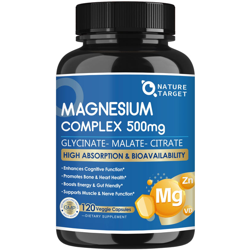 NATURE TARGET Triple Magnesium Complex 500mg, 120 Vegan Capsules | Chelated Glycinate, Malate, and Citrate with Zinc and Vitamin D3 for Muscle, Nerve, Bone, and Immune Support 120 Count (Pack of 1)