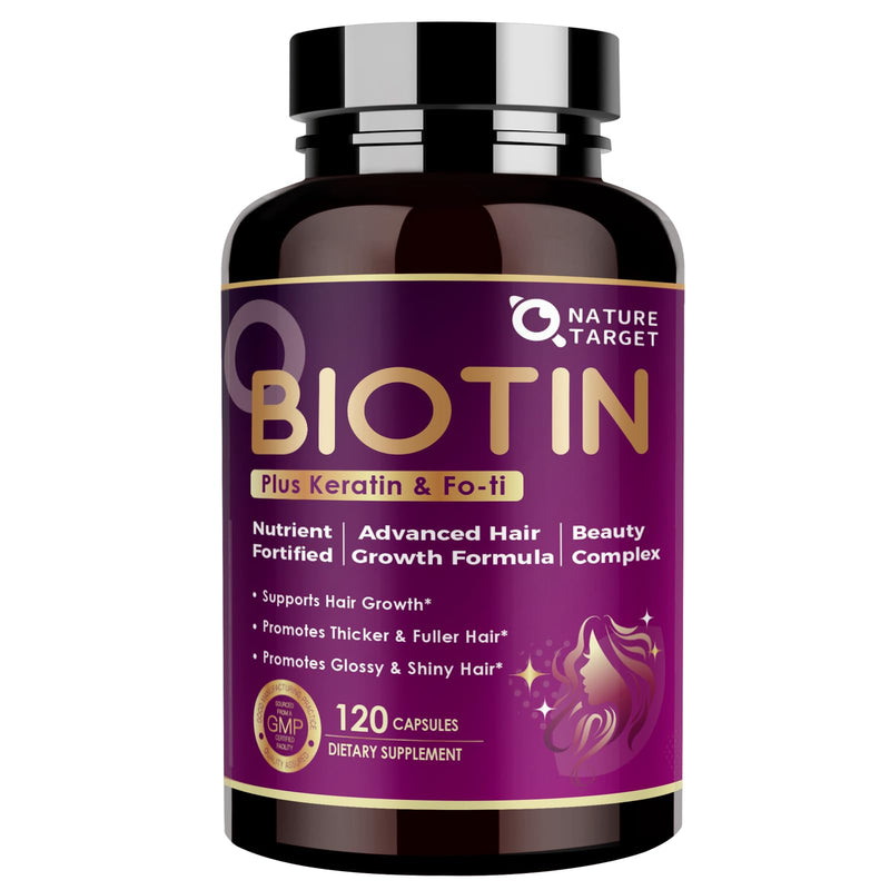 NATURE TARGET Biotin 10,000 mcg Hair Growth Vitamins 120 Veggie Capsules | With Collagen & Keratin, Fo-Ti, MSM, Zinc & B Vitamins; Supports Thicker, Stronger Hair, Skin & Nails 120 Count (Pack of 1)