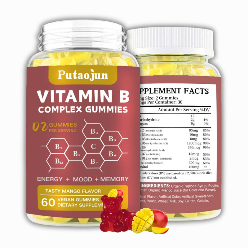Vitamin B Complex Gummies with Vitamin C, Choline & Zinc - Support Energy, Metabolism & Immune Support - Tasty Mango Flavor - Vegan, Gluten-Free, 60 Count 60 Count (Pack of 1)