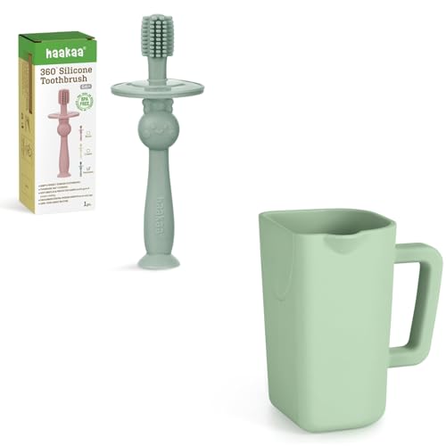 haakaa 360° Baby Toothbrush - Pea Green Gentle Pour Bath Rinse Cup - Pea Green