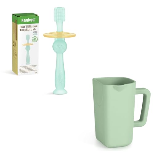 haakaa 360° Baby Toothbrush - Blue Gentle Pour Bath Rinse Cup - Pea Green