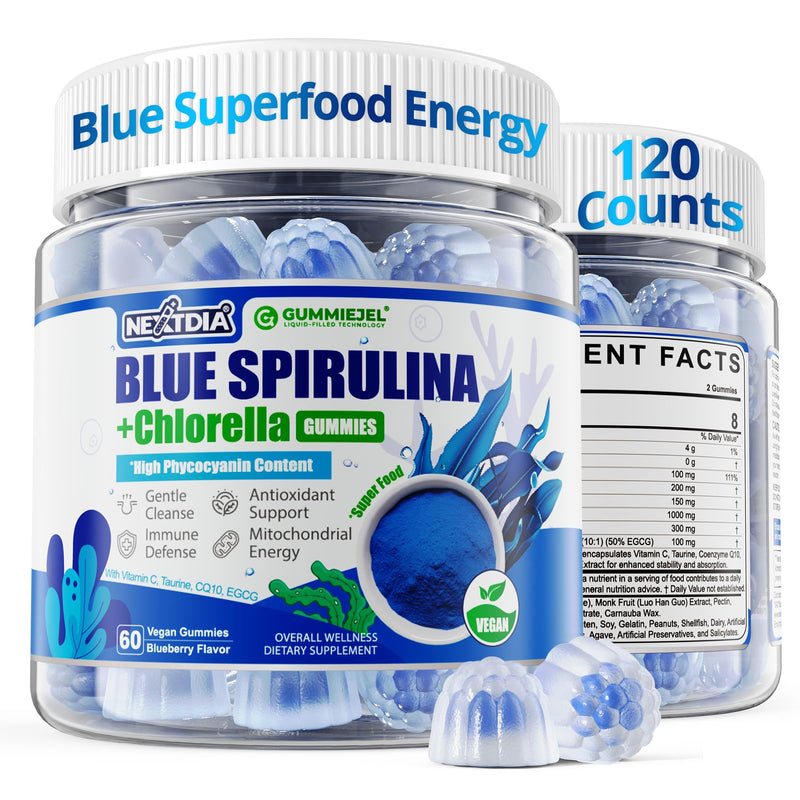 Organic Blue Spirulina Chlorella Gummies, High Phycocyanin Superfood, 120Ct | With CoQ10, Vitamin C, Taurine & Green Tea, Nutrient-Rich Blue-Green Algae, Antioxidant, Energy & Daily Support, Sugar Free 60 Count (Pack of 2)