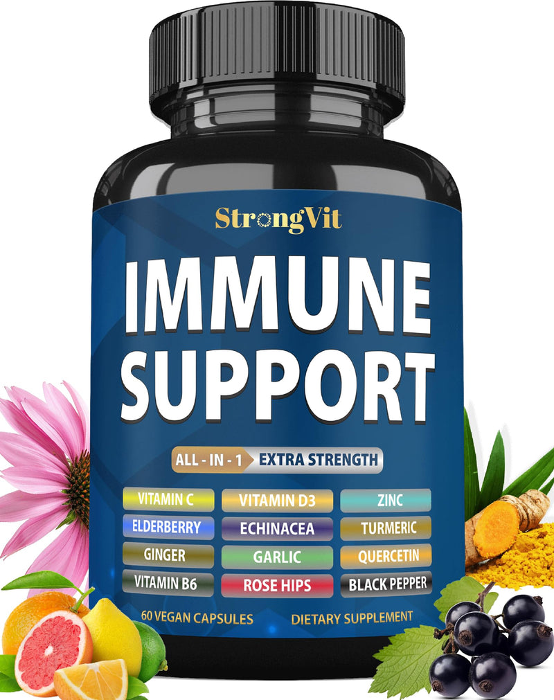 StrongVit Immune Support Supplement 12 in 1 Complex with Vitamin C, D3, Zinc, Echinacea, Elderberry, Ginger, Turmeric. Immune Defend for Men & Women, Non-GMO, Gluten-Free, Vegan, USA 60 Count (Pack of 1)