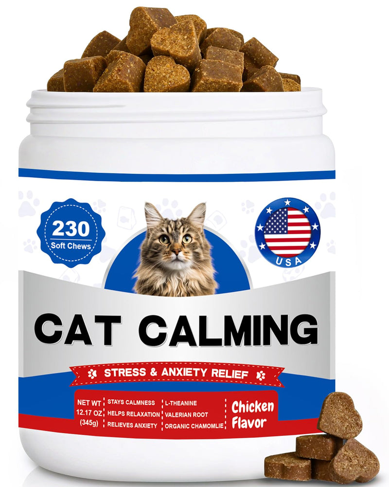Calming Chews for Cats 230ct, Cat Calming Chewable with Valerian Root & Organic Chamomile for Cats Supports Calm Adaptation - Travel, Boarding, Vet Visits, Tasty Calm Chews Supplement Chicken