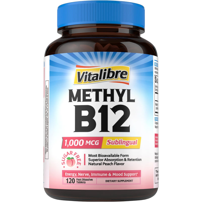 Vitalibre Vitamin B12 1000 mcg, Sublingual Methylcobalamin, Natural Peach Flavor, Nervous System Health, Energy Support, No Sugar, 120 Fast Dissolve Tablets