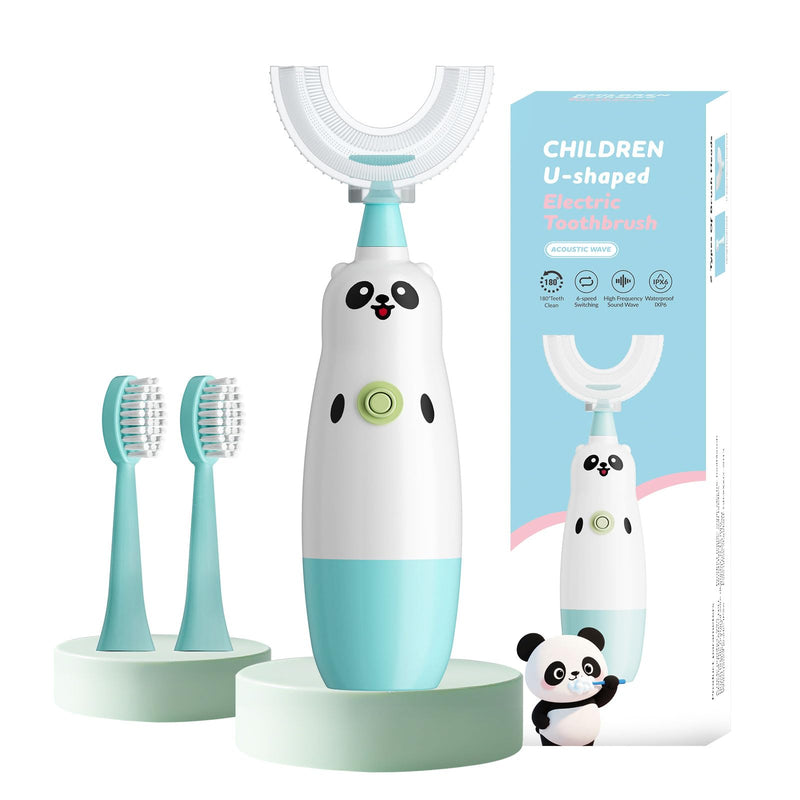 Kids U-Shaped Electric Toothbrush with 2 Brush Heads, Toddlers Sonic with 360 Degree Cleaning, Soft Bristles, Battery Included, IPX7 Waterproof, Cute cartoon for Girls and Boys, Ages 2-7 (Blue) 1 Count (Pack of 1) Age 2-7 Blue