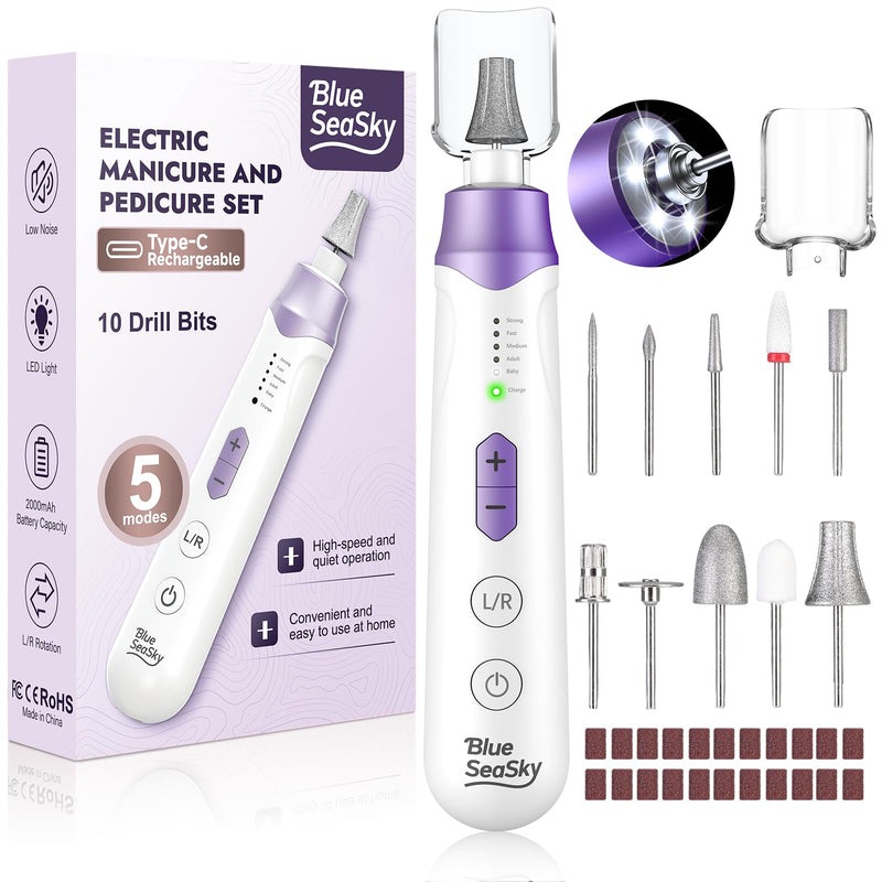 Professional Electric Nail Drill 2000mAH Portable Cordless Electric Nail File 10 in 1 Manicure Pedicure Kit ,5-Speeds Toe Nail Tools Hand Foot Care,Thick Toenail Grinder for Women Men Pets (Purple) Purple - BeesActive Australia