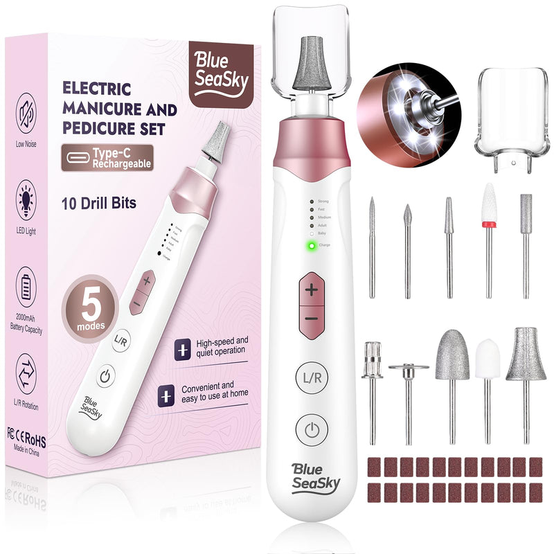 Professional Electric Nail Drill 2000mAH Portable Cordless Electric Nail File 10 in 1 Manicure Pedicure Kit ,5-Speeds Toe Nail Tools Hand Foot Care,Thick Toenail Grinder for Women Men Pets (Pink) Pink - BeesActive Australia