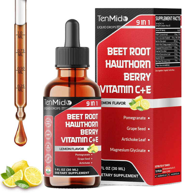 9in1 Beet Root Extract Liquid Drops with Vitamin C, Vitamin E, Hawthorn Berry, Pomegranate, Grape Seed, Artichoke, Magnesium Glycinate, and Black Pepper - 30ml 1 Fl Oz