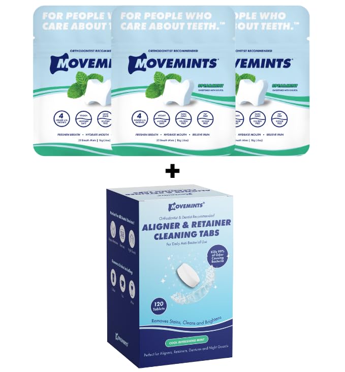 60 Movemints Clear Aligner Mints and 120 Cleaning Tablets - Orthodontist Developed - Fresh Breath & Clean Aligners