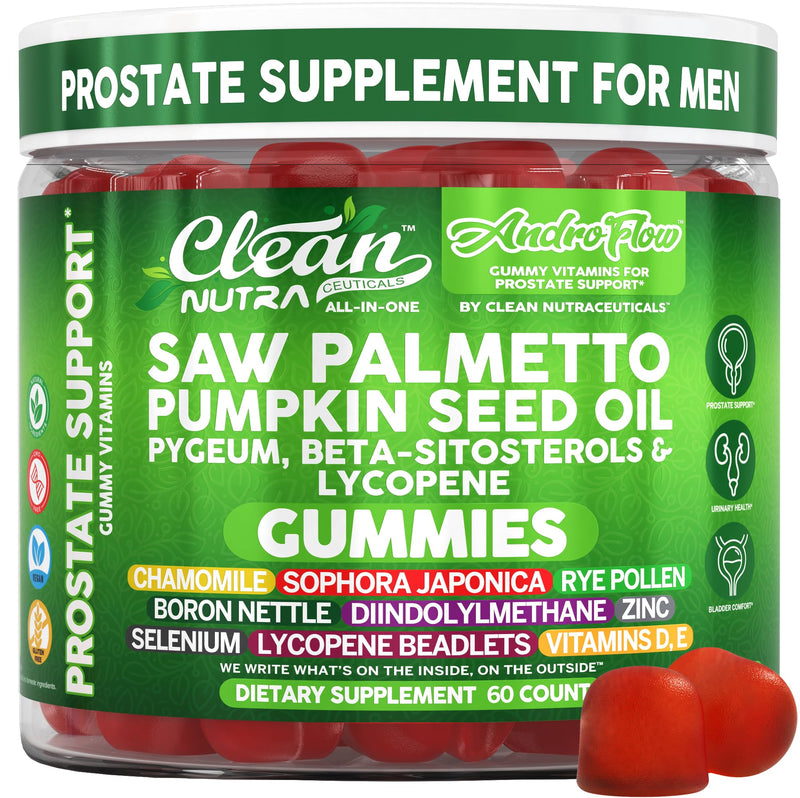 AndroFlow Saw Palmetto and Pumpkin Seed Oil Prostate Health Supplements for Men Pygeum Beta Sitosterol Lycopene Boron Zinc Selenium DIM Stinging Nettle Vitamin D, 60 Gummy Supplements By Clean Nutra