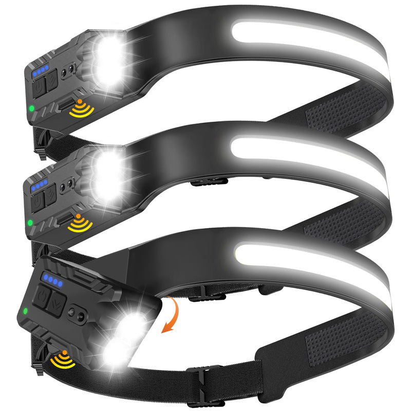 Rechargeable LED Headlamp 3-Pack (New Model 2026), 500 Lumens, 230° Wide Beam, USB-C — Rotating & Pivoting Lamp Head; Lightweight, Hard-Hat Ready for Camping, Running, Fishing & Repairs Black