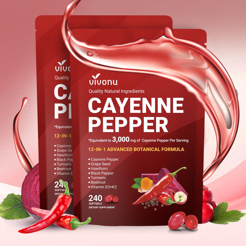 VivoNu Cayenne Pepper Softgels | Leg Vein & Heart Support, Hawthorn, Beetroot & Berberine (2 Bag) | Supports* Leg Vein, Heart & Blood Vessel Health; Vitamin E, D3+K2, Grape Seed, Hawthorn, Beetroot & Berberine 2 Bag