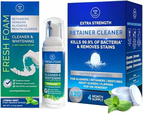 Retainer Cleaners Bundle | Aligner & Retainer Cleaner Fresh Foam | Retainer Cleaner Tablets for Invisalign Approved for Ultrasonic Cleaners 4-Month Supply