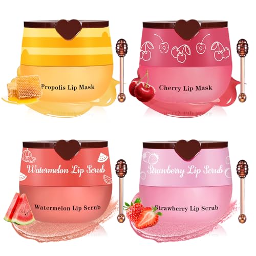 4PCS Lip Scrub and Mask Set,Reduce Fine Lines Lips Care Set