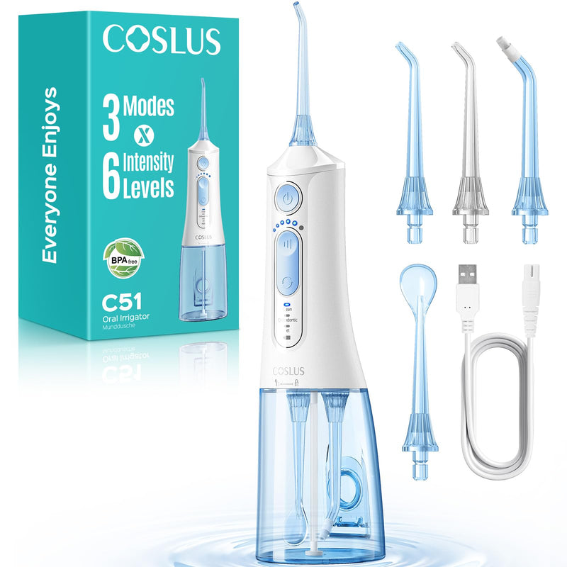 COSLUS C51 Portable Water Flosser for Teeth: 3 Modes & 6 Pressure Settings with Jet Mode Water Dental Pick for Orthodontic, Braces, Sensitive Gums, Compact for Travel, 300ML for Multiple Users, White Arctic White