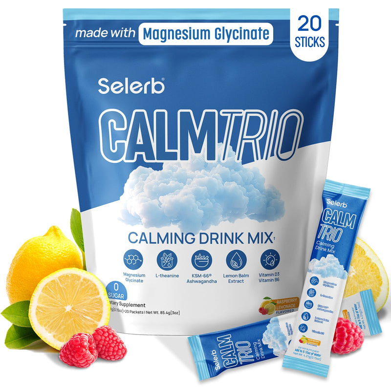 Selerb CalmTrio Magnesium Glycinate Powder Cortisol Drink Mix - No Sugar with L-Theanine, Ksm-66® Ashwagandha, Lemon Balm, Vitamin D3, B6, Supplements for Relax, Focus & Calm, Raspberry Lemon 20 Ct