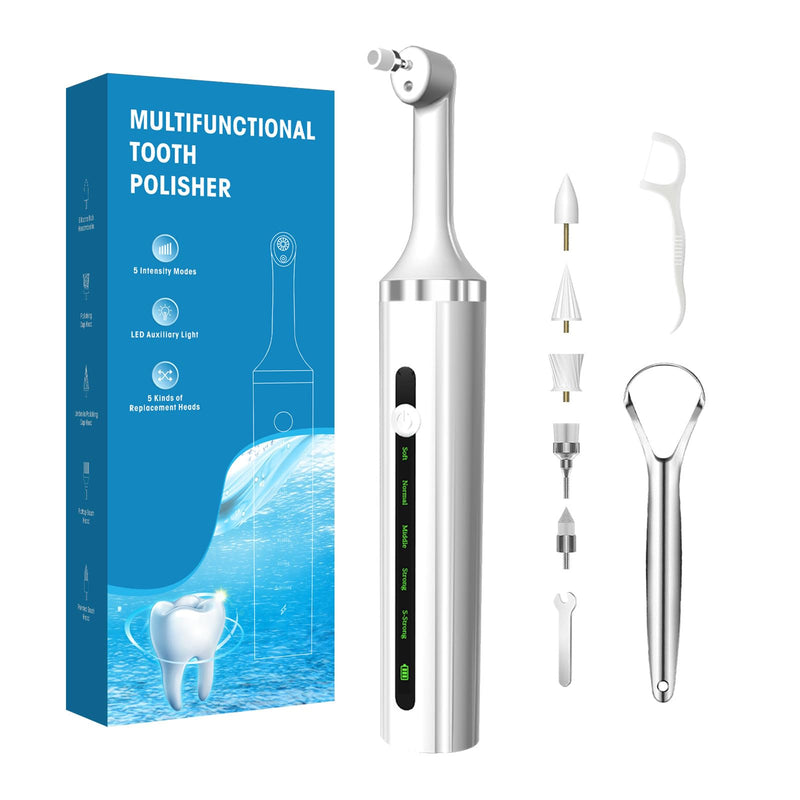 Plaque or Electric Tartar Polishing Teeth Kit with LED Light 5 Speed Modes with 5 Replacement Brush Heads (White) - BeesActive Australia