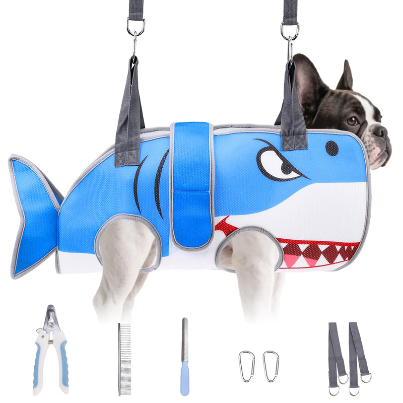 Dog Grooming Hammock for Small Dogs Cats, Cute Shark Design Dog Hanging Harness for Nail Trimming/Clipping, Pet Sling with Grooming Kit and Thick Neck Support & Strap Restraint Claw Care, S Blue Shark