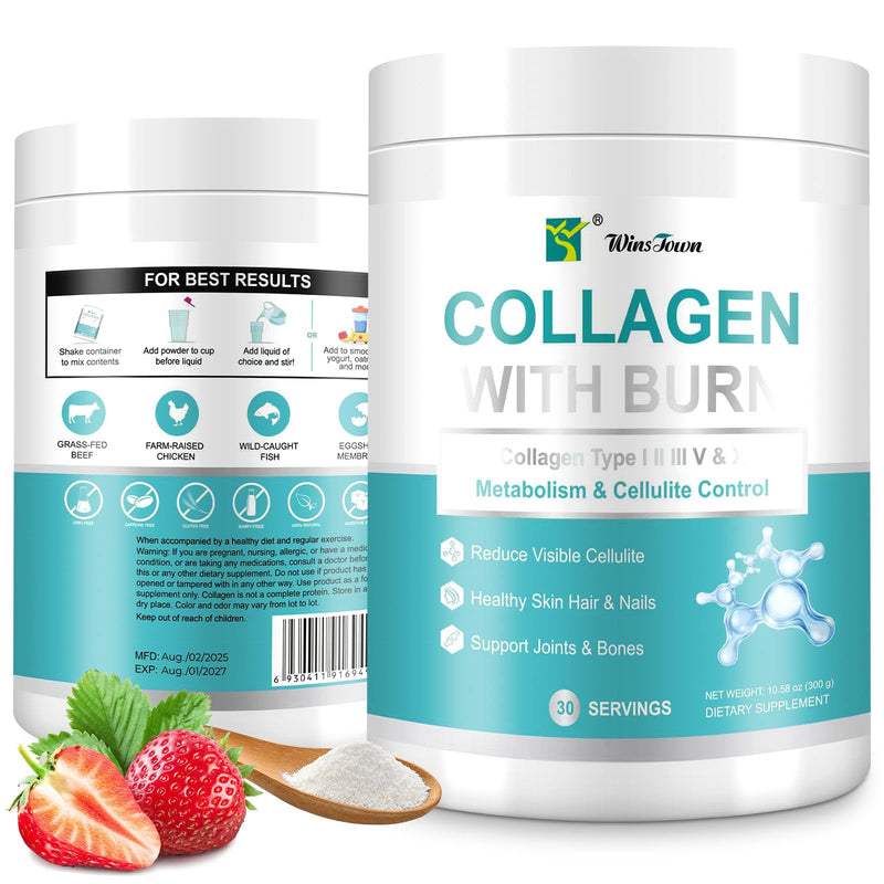 Multi Collagen Burn Powder with L-Carnitine, 30 Servings | Collagen types I, II, III, V & X with green tea extract; strawberry flavor, 11 oz powder for daily wellness.