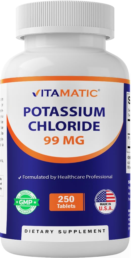 Vitamatic Potassium 99mg ‚Äì 250 Tablets ‚Äì Potassium Chloride for Muscle, Heart & Nerve Function ‚Äì Electrolyte Support ‚Äì Non-GMO, Gluten-Free