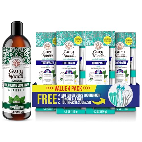 GuruNanda Complete Oral Wellness Kit – Coconut & Peppermint Oil Pulling & 4-Pack Fluoride-Free Toothpaste for Cleaner Mouth, Happy Gums & Brighter Smiles