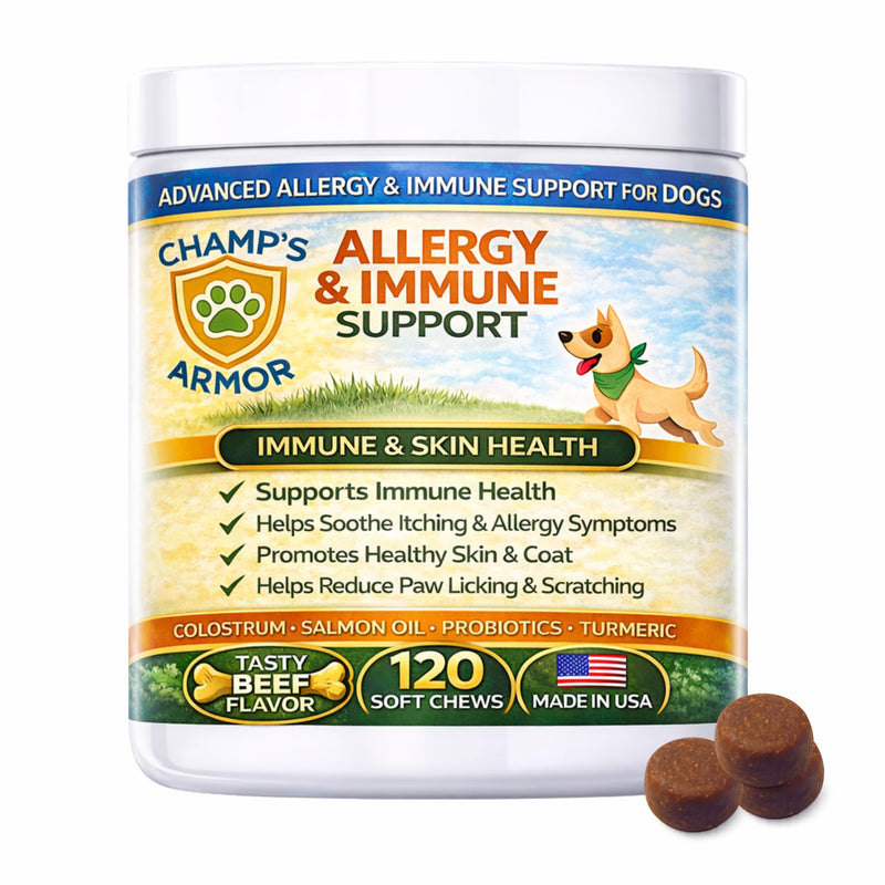 Allergy Relief for Dogs - Dog Itchy Skin & Dog Skin Allergies Treatment Chews with Natural Antihistamine, Colostrum, Salmon Oil, Probiotics for Seasonal Allergies Dogs - 120 Beef Flavor Soft Chews