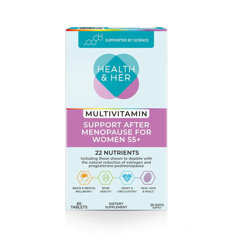 Health & Her Multivitamin for Women 55+ & Postmenopausal, 30 Day Supply | Daily dietary supplement with 22 key nutrients for wellbeing after menopause; Vegan, gluten-free; 60 tablets