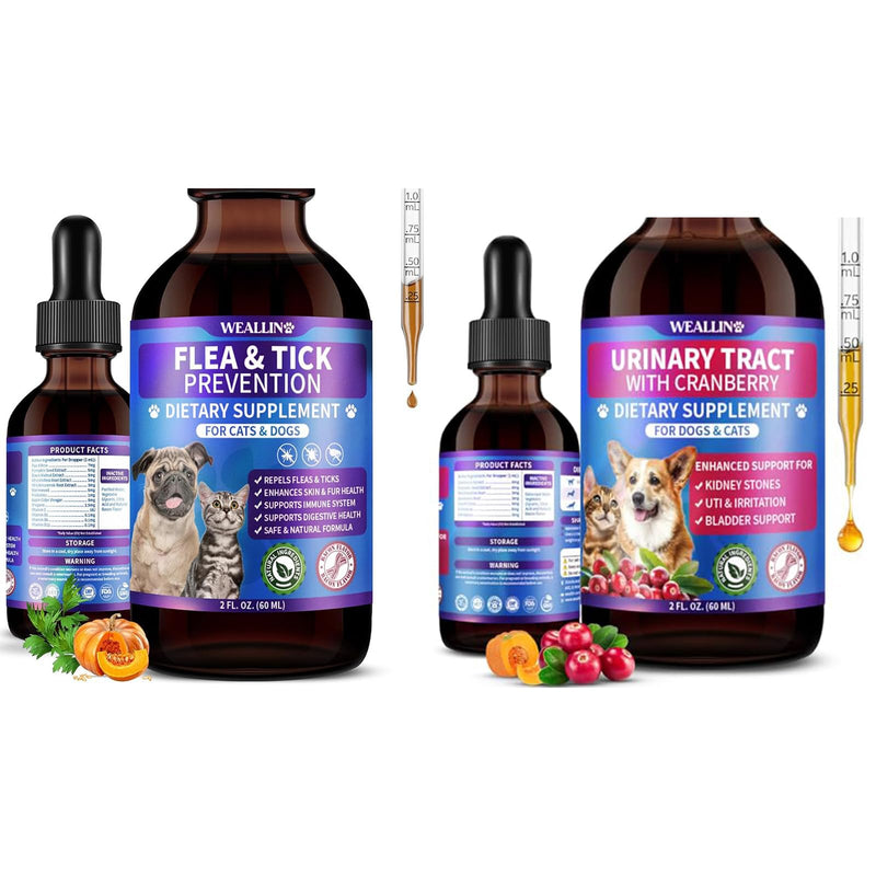 WEALLIN Flea and Tick Prevention Support Drop + Natural Urinary Tract Infection Treatment for Dogs & Cats | Pets Oral Natural Supplement Pet Care Support Drops for All Breeds and Ages