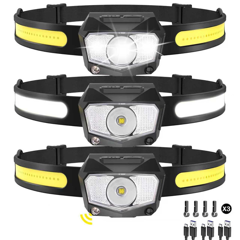 Headlamp Rechargeable 3Pack, 230°Wide Beam COB & 60° Super Birght LED Head Lamp with White Red Light, 7Mode Head Lights for Forehead with Motion Sensor, Headlamps for Adults Camping Running Hiking 3 Pack