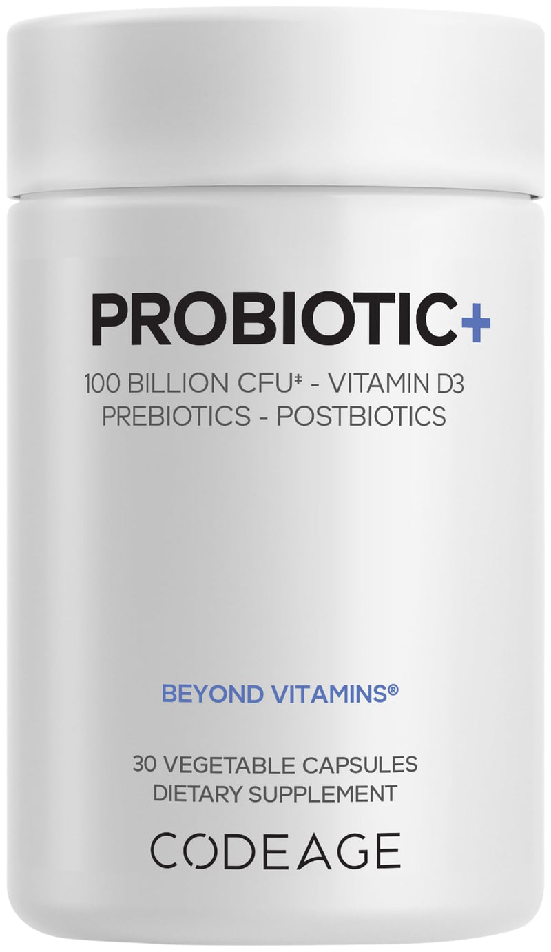Codeage Probiotic+, 100B CFU, 12 Strains, Quercetin, Zinc, 30 Capsules | Probiotic 100 billion CFU from a 12-strain blend with prebiotic fiber, postbiotics, D3, zinc and quercetin.