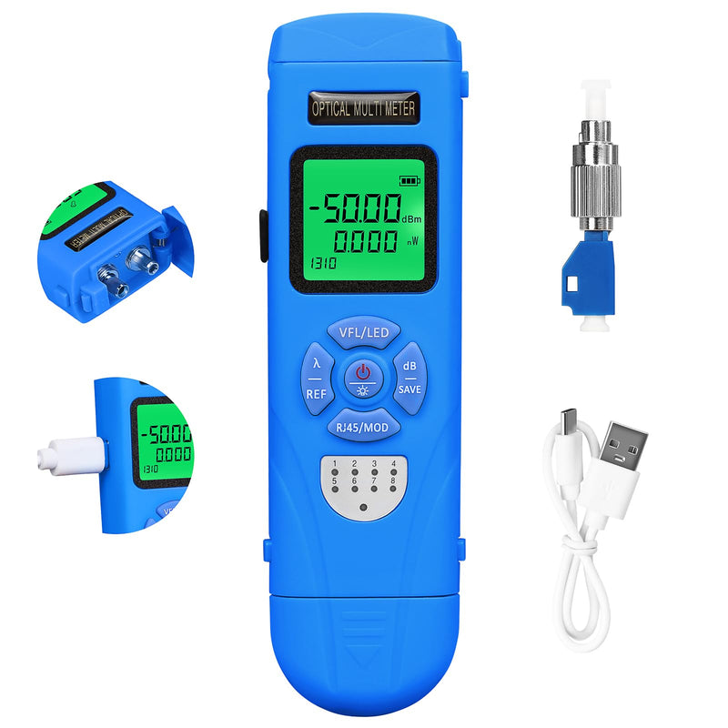 Rechargeable Fiber Optic Power Meter L-C50 (-50 - +26 dBm) Mini Fiber Optic Cable Tester SC/FC/ST 2.5mm Universal Interface, Integrated OPM VFL LED RJ45 Functions, with 1 FC-LC Adapter (OPM-VFL-50) blue L-C50 50 - BeesActive Australia