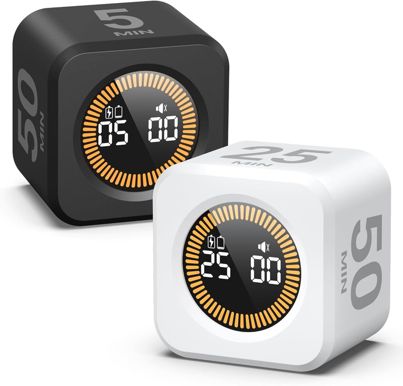 KADAMS Pomodoro Cube Timer Productivity Visual Timer - 5/10/25/50 Min Rotating Countdown (2 Pack Black & White) 2