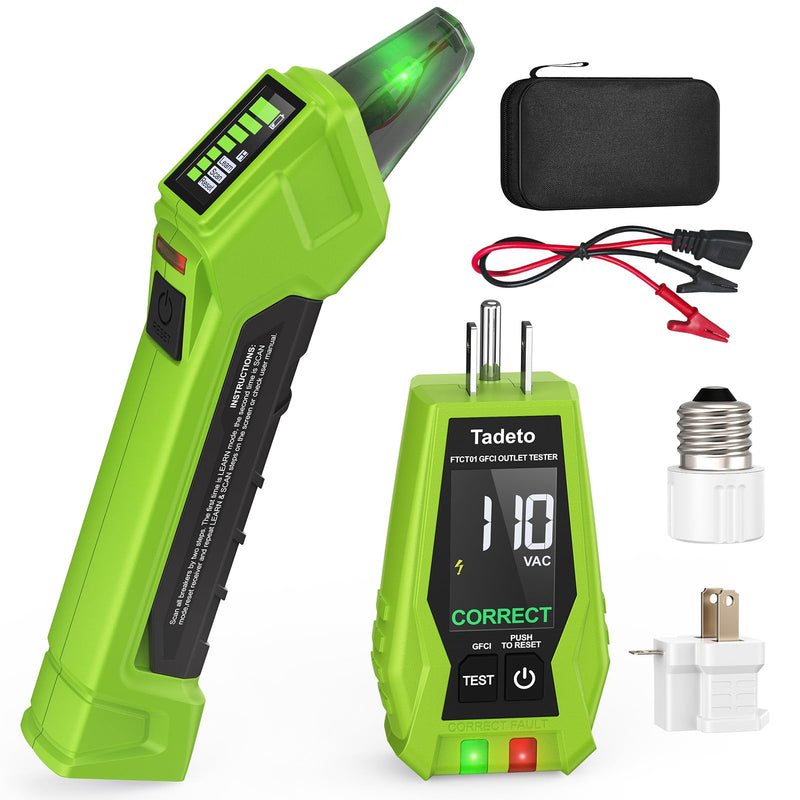 Tadeto Circuit Breaker Finder Tool with Outlet Tester, Quickly GFCI, Voltage, Electric Tester with Dual LCD Display, Light Socket and 3-2 Prong Grounding Adapter, Alligator Clip Adapter (Green) Green