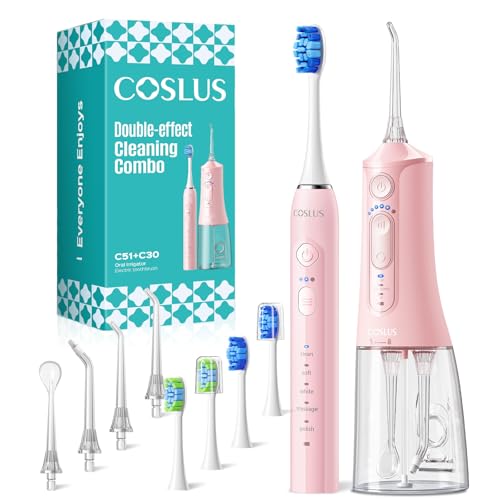 COSLUS C51C30 Water Flosser Electric Toothbrush Combo, 2-1 Oral Clean Kit Pink
