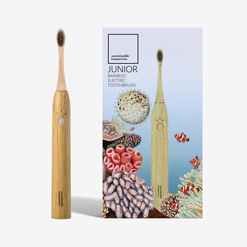 Sustainable Tomorrow Junior Bamboo Electric Toothbrush for Kids Ages 3+ – Gentle Vibrating Toothbrush with Soft Bristles | 2-Minute Timer | Ergonomic Handle | Eco-Friendly, Plastic-Reduced Design