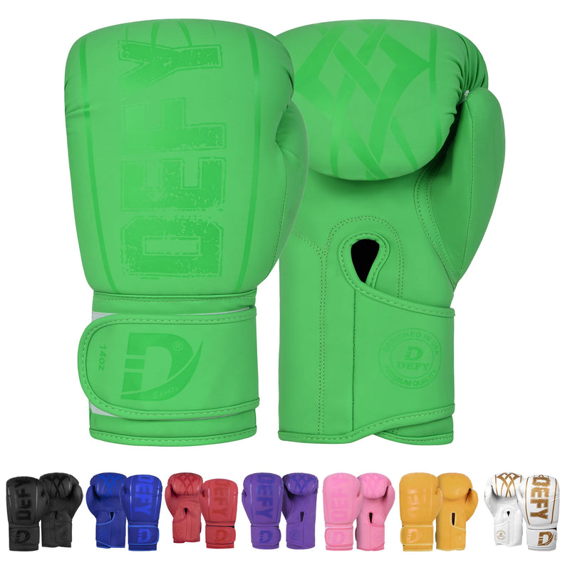 DEFY Boxing Gloves for Men & Women - Premium Quality Synthetic Leather Boxing Gloves for Training - Perfect for Punching Heavy Bags, Sparring, & Fighting Gloves Green 16oz