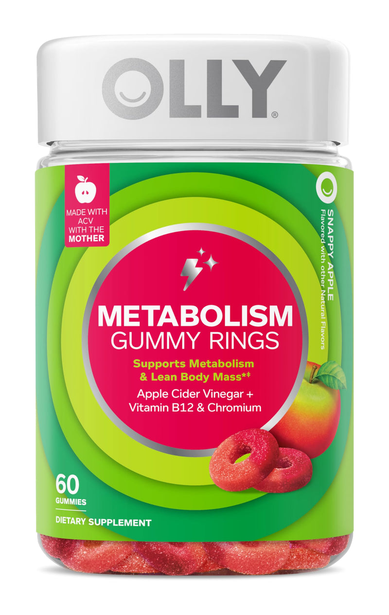 OLLY Metabolism Gummy Rings, Metabolism and Cellular Energy Chewable Supplement,* Apple Cider Vinegar, Vitamin B12, Chromium Picolinate, Apple Flavored, 60 Day Supply - 60 Count 60 Count (Pack of 1) - BeesActive Australia