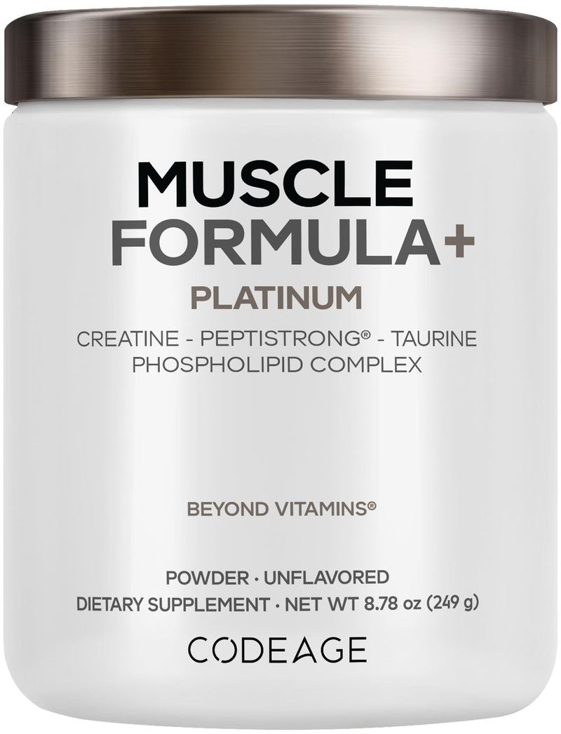 Codeage Muscle Formula+, Creatine, PeptiStrong, Taurine, Unflavored, 8 oz | Liposomal creatine monohydrate with PeptiStrong, taurine and vitamin D3. Unflavored powder.