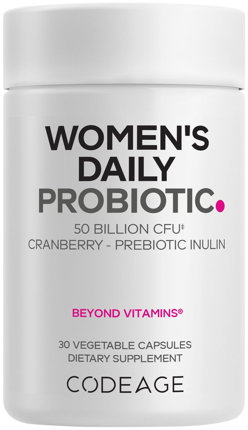 Codeage Women’s Daily Probiotic Supplement – 50 Billion CFU Supplement, Cranberry Fruit Powder, Prebiotic Chicory Root Inulin – Women’s Wellness Support – 1 Capsule Per Serving - Non-GMO – 30 Capsules