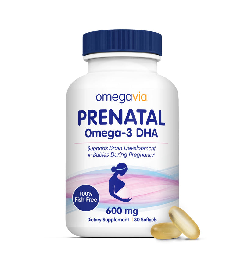 OmegaVia Prenatal DHA 600mg, Fish Oil Free Omega 3 Supplement (30 Softgels) | Algae Omega 3, Pregnancy & Lactation Safe, Supports Baby's Brain & Eye Health, Burpless, Gluten Free, Non-GMO, 30-Day Supply 30 Count (Pack of 1)