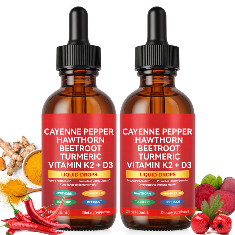 Cayenne Pepper Drops Supplement Liquid, Liquid Cayenne Pepper Drops Organic Extract, Hawthorn Berry, Vitamin K2 & D3 Beet Root Powder, Ceylon Cinnamon 2 Fl Oz (Pack of 2)