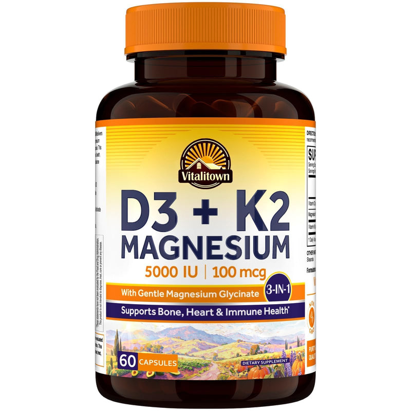 Vitalitown Vitamin D3 K2 with Magnesium, 5000 IU D3, 100 mcg K2 as MK-7, Magnesium Glycinate, Non-GMO, No Gluten, 3-in-1 Formula for Bone, Heart & Immune Health, 60 Capsules