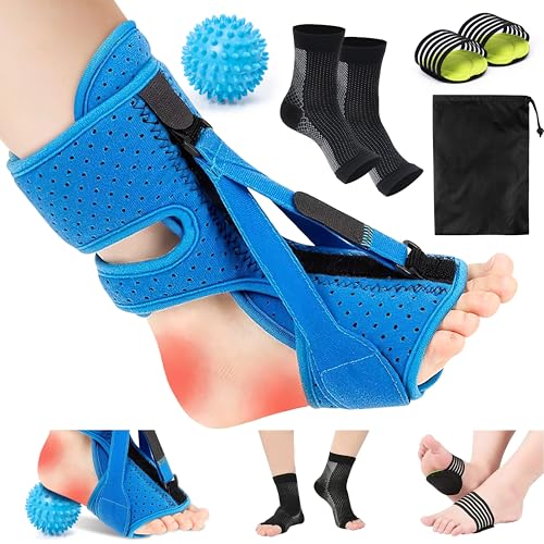 Plantar Fasciitis Night Splint - Adjustable Straps Relief Brace with Fasciitis Socks Massage Ball Arch Support, Foot Drop Achilles Tendonitis Heel Pain Night Support for Women Men (Blue) Blue