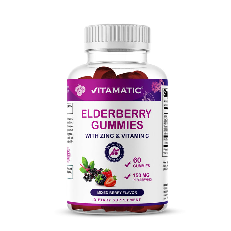 Vitamatic Elderberry Gummies with Vitamin C & Zinc – Immune Support Supplement – Mixed Berry Flavor– 60 Gummies – Made in the USA, Vegan, Non-GMO, Gluten-Free 60 Count (Pack of 1)