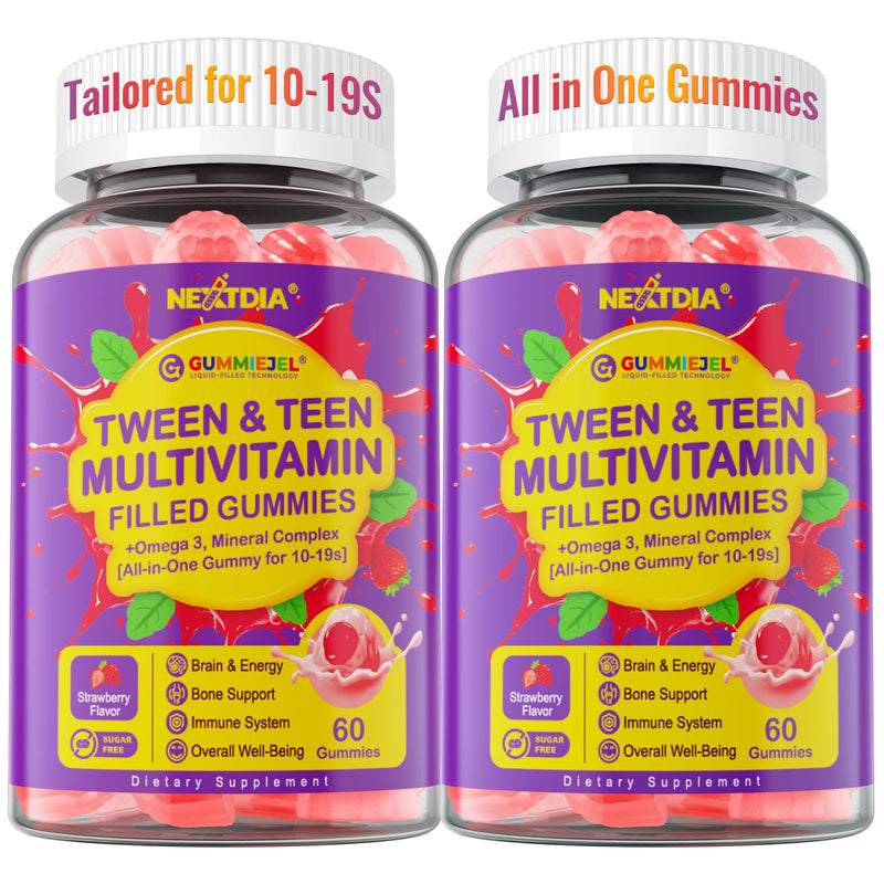 Multivitamin Filled Gummies for Teen Boys Girls 12-17, 18, 19, Kids 10+ Multivitamin with Omega 3, Calcium + Magnesium + Zinc, Multi-Minerals for Adolescent 10-19S Brain, Bone, Energy, Immune, 2Pack 60 Count (Pack of 2)