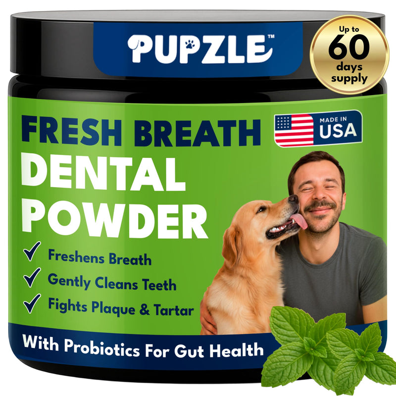 Pupzle Dog Teeth Cleaning Powder for Fresh Breath, Dog Dental Powder, Tartar & Plaque Focused, Natural Breath Freshener, Pet Dental Supplement with Probiotics for Gut Health, Mint, 60 Days Supply